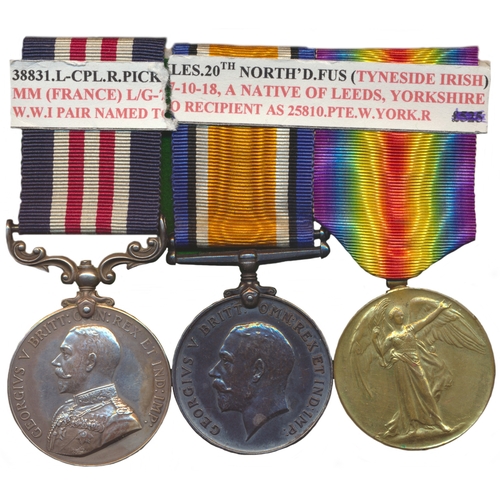 43 - WW1 Military Medal, BWM and Victory Medal to 38831 L.Cpl R. Pickles 25/North'd Fus (25810 Pte R. Pic... 