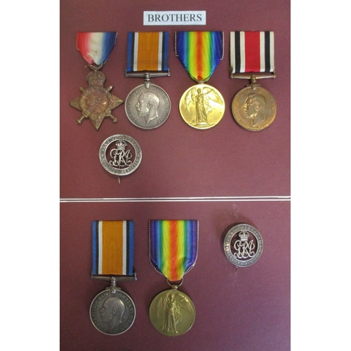 48 - Stemp brothers medals mounted in glass fronted display case with:
1. 1914-15 Star trio, KGVI Special... 