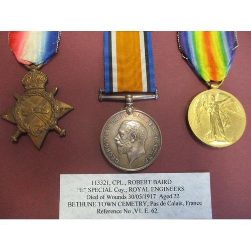 50 - 1914-15 Star trio and Memorial Plaque to 113321 Cpl R. Baird R.E. (Robert Baird on plaque) good extr... 