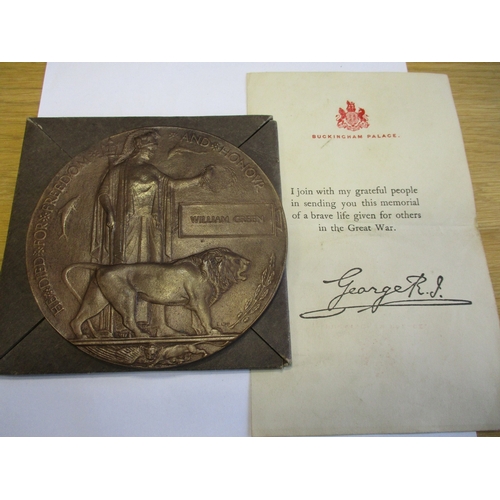 60 - WW1 Memorial Plaques to:
1. William Green good extremely fine. In card case of issue and Buckingham ... 