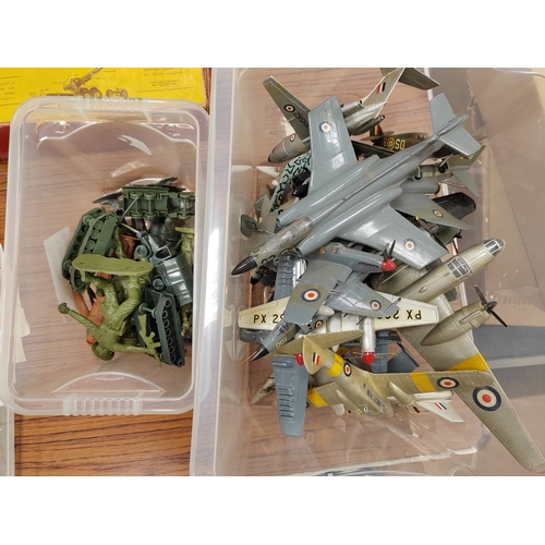 127 - Collection of unboxed various scale military vehicles mostly kit built planes, fighter jets, tanks, ... 