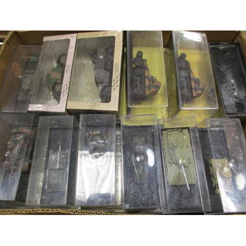 193 - Collection of tanks in clear plastic display cases, some with cardboard backs, some Atlas, generally... 