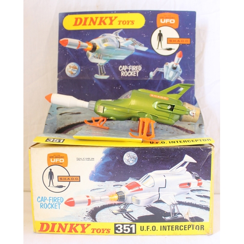 240 - Dinky. 351 UFO Shado Interceptor with green body, chrome interior with clear canopy, orange legs and... 