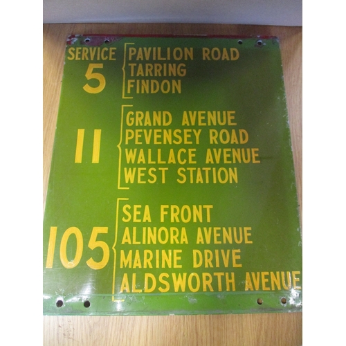 260 - Collection of enamel signs with bus stop sign detailing Service 5, 11 and 105 with place names, gree... 