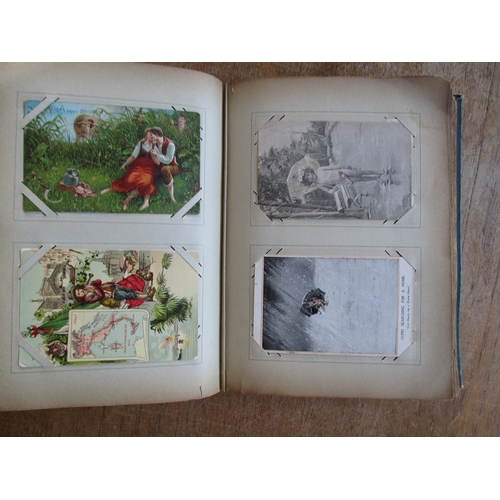 84 - Misc. coln. in old albums and loose. Animals, romance, glamour, children, embroidered silks (in mxd.... 