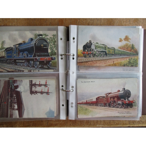 90 - Misc. coln. of vintage and modern cards in 27 small albums and shoe box. Mostly railway themed but s... 