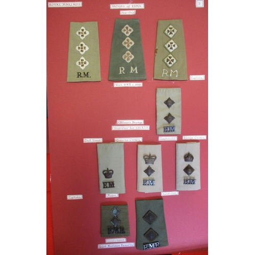 169 - Royal Marines shoulder rank badge collection mounted on 6 boards including metal General to Brigadie... 