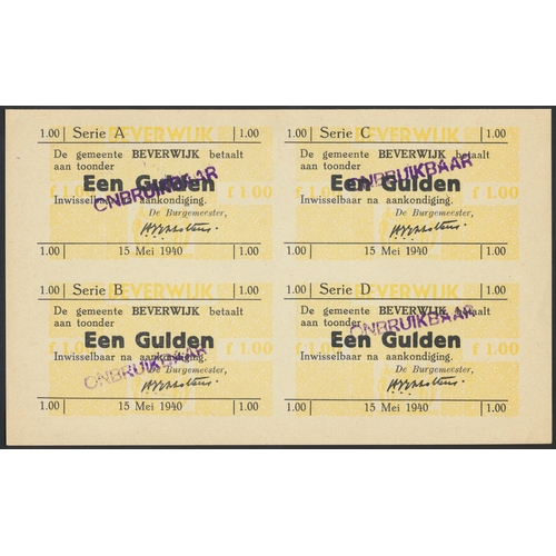 293 - Netherlands. Beverwijk 1940 (15 May) 1 gulden yellow block of 4 each handstamped 