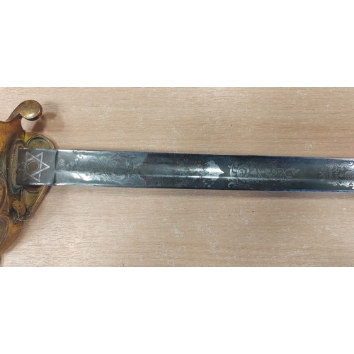 118 - KGV post 1900 Royal Navy warrant officers sword, fullered blade 60% ornately etched on both sides wi... 