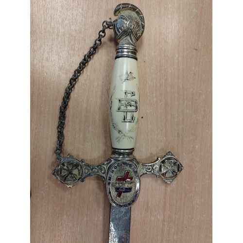 134 - US Knight Templar sword with enamel fittings, 80% ornately etched double edged blade with pitting, r... 