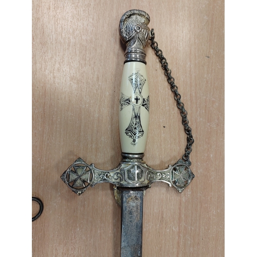 134 - US Knight Templar sword with enamel fittings, 80% ornately etched double edged blade with pitting, r... 