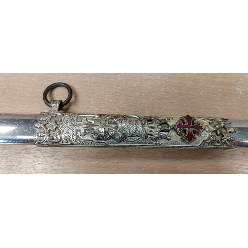 134 - US Knight Templar sword with enamel fittings, 80% ornately etched double edged blade with pitting, r... 