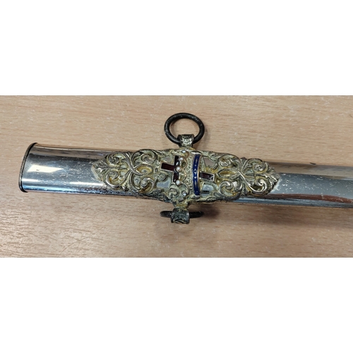 134 - US Knight Templar sword with enamel fittings, 80% ornately etched double edged blade with pitting, r... 