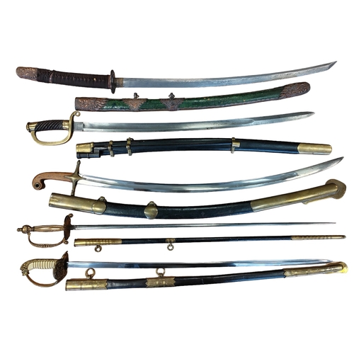 145 - Range of replica swords with mix of metal and leather scabbards includes Iraq naval officers sword w... 