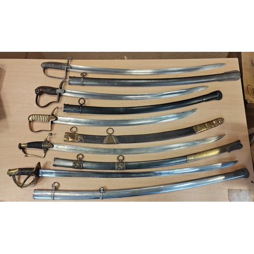 146 - Collection of replica swords with mix of metal and leather scabbards, with 1827 Pattern naval office... 