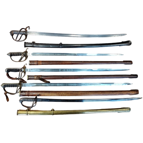 147 - Edged weapons range with:
1. 1897 Pattern infantry officer sword with etched ornate blade with KGV c... 