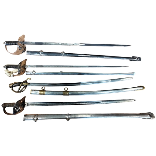 147 - Edged weapons range with:
1. 1897 Pattern infantry officer sword with etched ornate blade with KGV c... 