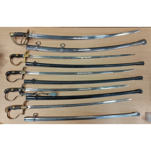 148 - Collection of replica swords with mix of metal and leather scabbards, with range of Third Reich swor... 