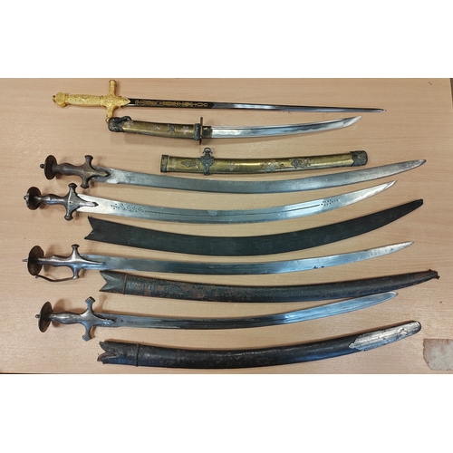 149 - Collection of replica swords with mix of metal, leather and wooden scabbards, includes Japanese nava... 