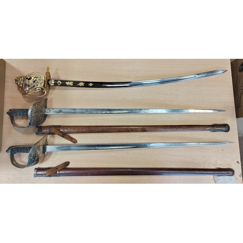 151 - Collection of replica swords with mix of metal and leather scabbards, with 1895 Pattern infantry swo... 