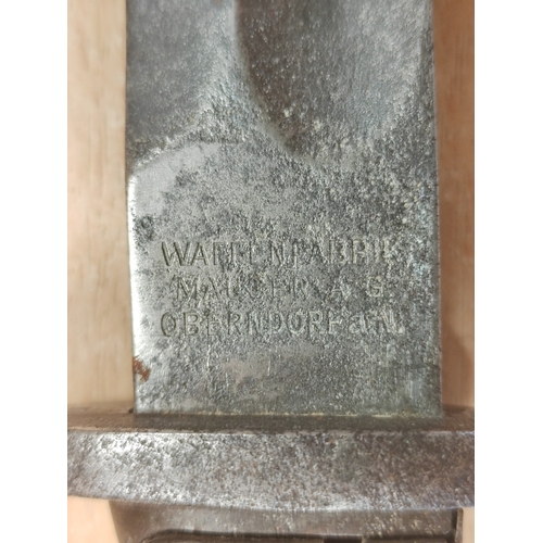 153 - Bayonets with:
1.WW2 German K98 1939 Bayonet with matching numbered scabbard, ricasso marked P.Weyer... 