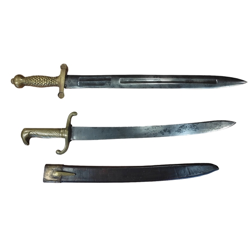 162 - Swords with:
1. Prussian 1871 Pattern Infantry short sword with replacement scabbard, pitting to bla... 