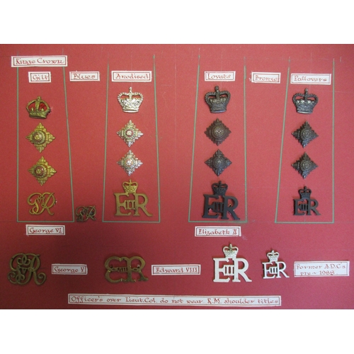 169 - Royal Marines shoulder rank badge collection mounted on 6 boards including metal General to Brigadie... 