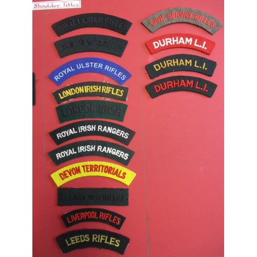 184 - Cloth shoulder title collection mounted on 2 boards with double sided tape. Mainly embroidered lette... 