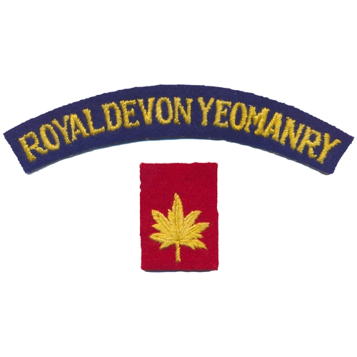 188 - Royal Devon Yeomanry cloth shoulder title, yellow embroidered lettering on blue background and yello... 