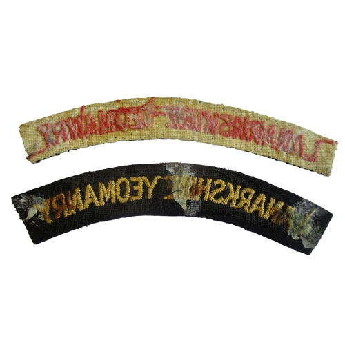 193 - Lanarkshire Yeomanry cloth shoulder titles:
1. Red embroidered lettering on black background, has be... 