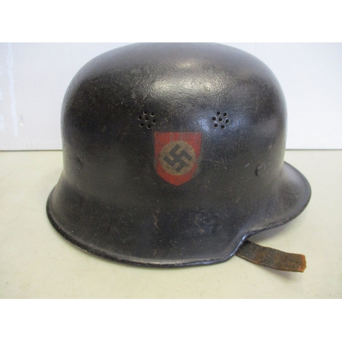 205 - Third Reich Civil Defence M34 helmet, black shell, swastika decal to right side 90% complete, decal ... 