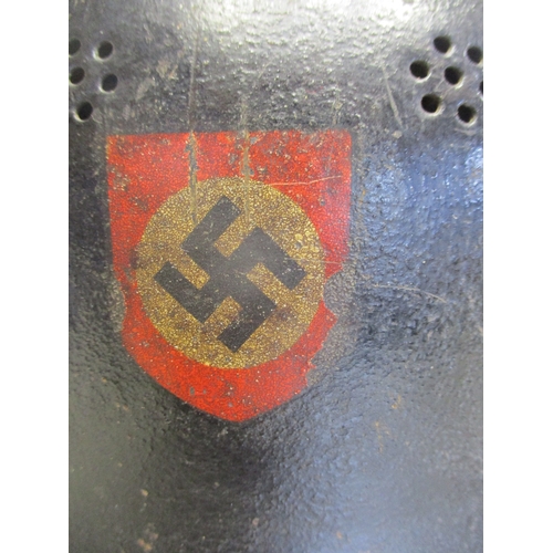 205 - Third Reich Civil Defence M34 helmet, black shell, swastika decal to right side 90% complete, decal ... 