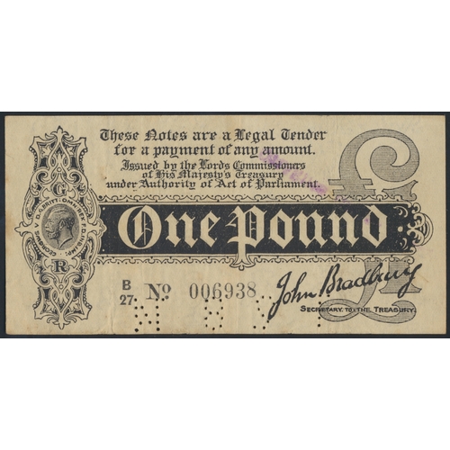 238 - J.S. Bradbury. 1914 first issue £1 B/27 006938 fine with four perforated initials/numbers. (Duggleby... 