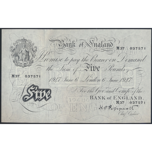 249 - K.O. Peppiatt. £5 M37 037571 uncirculated. (Duggleby B264) (See photo) (N)