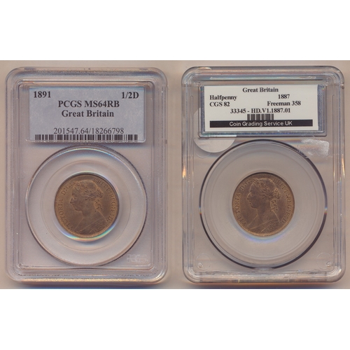 362 - Collection of half pennies in plastic holders with PCGS 1891 MS64RB, NGC 1897 low sea level MS65RB, ... 