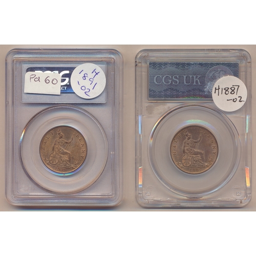 362 - Collection of half pennies in plastic holders with PCGS 1891 MS64RB, NGC 1897 low sea level MS65RB, ... 