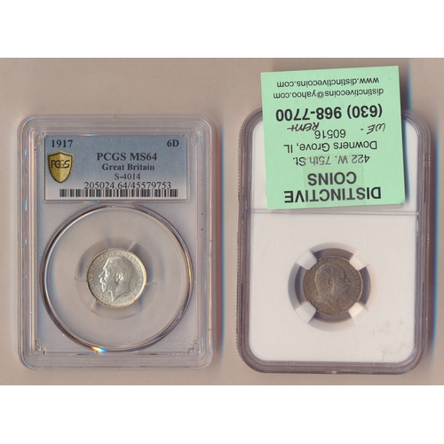 365 - Range of sixpences in plastic holders with NGC 1787 no hearts AU55, 1909 MS61, 1923 MS64, PCGS 1917 ... 