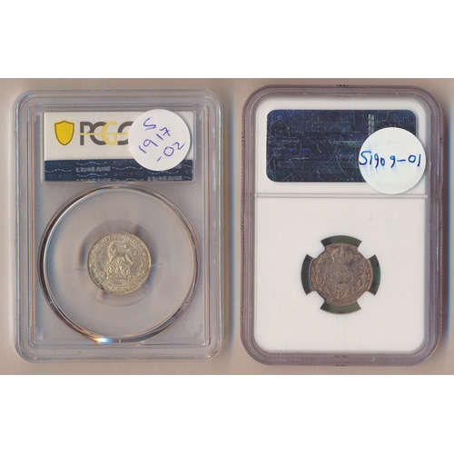 365 - Range of sixpences in plastic holders with NGC 1787 no hearts AU55, 1909 MS61, 1923 MS64, PCGS 1917 ... 