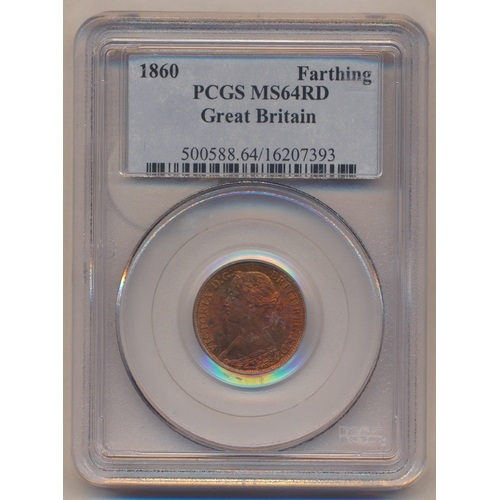 375 - Collection of farthings in plastic holders with PCGS 1860 toothed border MS64RD, 1873 MS64RB, 1881 M... 