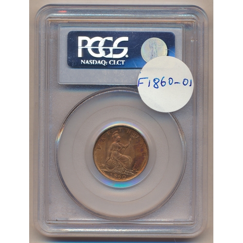 375 - Collection of farthings in plastic holders with PCGS 1860 toothed border MS64RD, 1873 MS64RB, 1881 M... 