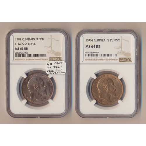 376 - Edward VII range of pennies in plastic holders with NGC1902 penny low tide MS65RB in our opinion thi... 
