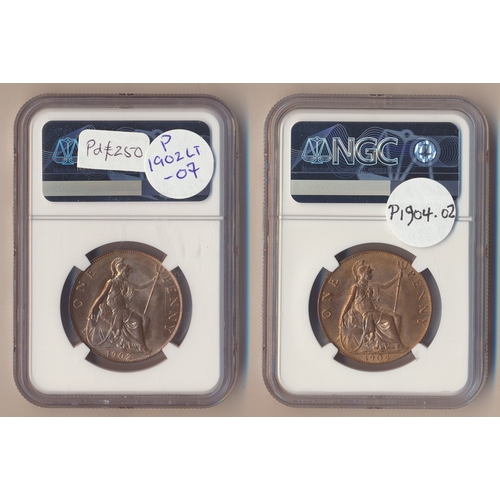 376 - Edward VII range of pennies in plastic holders with NGC1902 penny low tide MS65RB in our opinion thi... 
