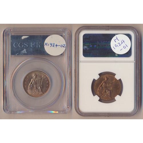380 - 20th century collection of half pennies in plastic holders with NGC 1911 MS64RB, 1912 AU58BN, 1913 M... 