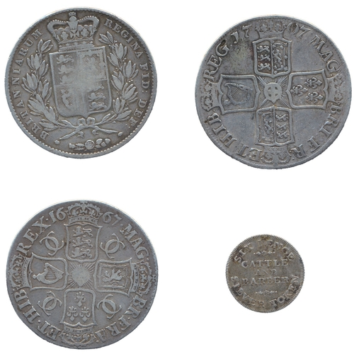 381 - Milled range fair/fine with crowns 1667, 1707E, 1844 cinquefoil stops and 1811 York Cattle and Barbe... 