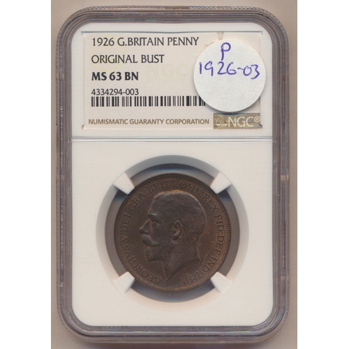 392 - Collection of pennies in plastic holders with NGC 1922 MS63BN, 1926 MS63BN, 1927 MS65BN, 1928 MS64+R... 