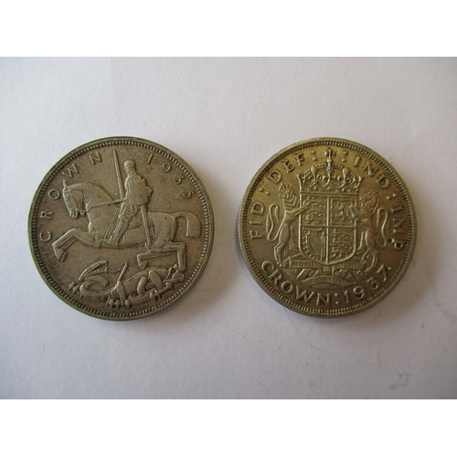 398 - Milled collection with crowns 1935 (2) and 1937 extremely fine, double florin 1887 fine, sixpence 18... 