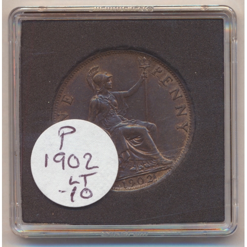 401 - Range of pennies with 1903 uncirculated with lustre, 1899, 1902, 1910 uncirculated some lustre and 1... 