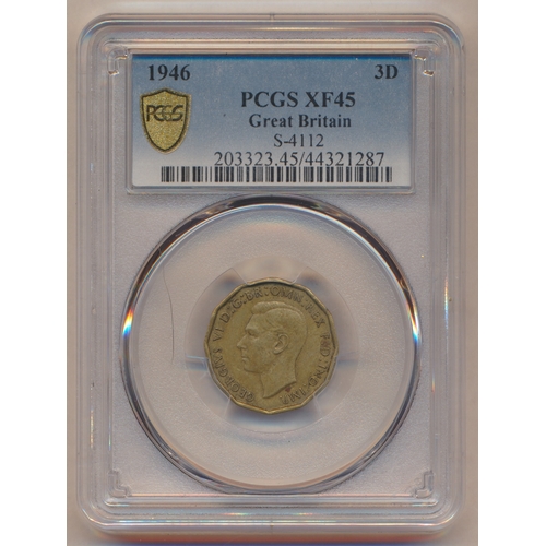 414 - Collection of nickel brass threepences with range in plastic holders with PCGS 1941 AU58, 1946 XF45,... 