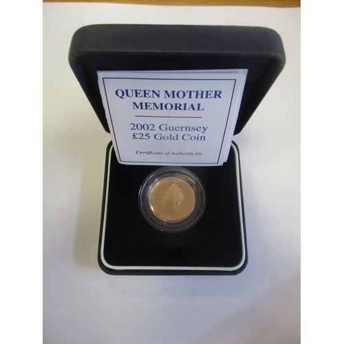 821 - Investment Gold lot - documents required. Guernsey. 2002 'Queen Mother' boxed gold proof £25 FDC. (Y... 