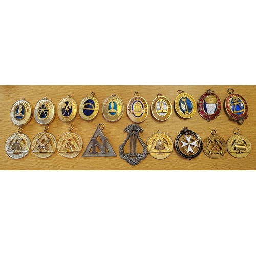 88 - Collection of Masonic Collar Jewels depicting various ranks, with cross swords, scroll and quill, cr... 